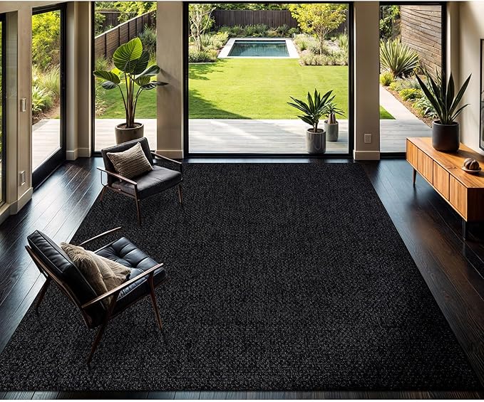 CAMILSON Easy Jute Rug 9x12, Indoor Outdoor Dark Gray Black Farmhouse Area Rugs for Living Room Patio and Kitchen Rug Solid Boho Woven Design Easy-Cleaning Washable Outside Carpet Alfombras (9 x 12)