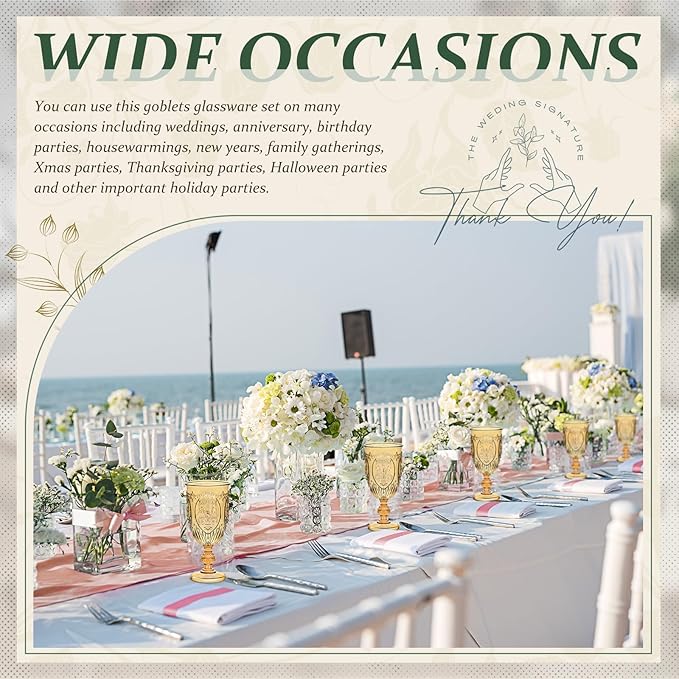 48 Pcs Plastic Goblets 7.5oz Vintage Goblet Plastic Wine Glasses Colored Retro Embossed Water Goblets for Wine Bar Juice Baby Shower Wedding Reception Grand Event Party (Amber)