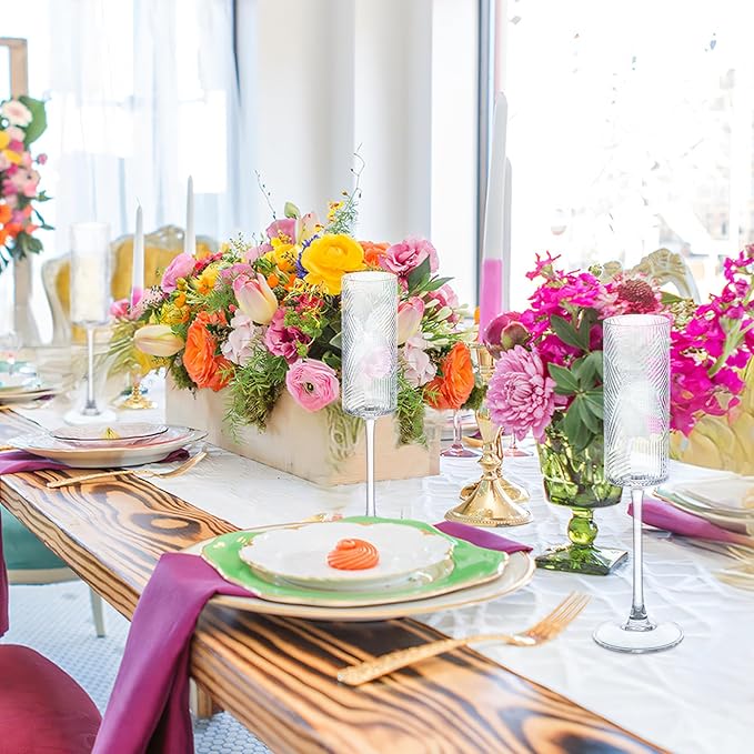 6 Pieces Clear Champagne Flutes,6 OZ Twill Pattern Striped Vintage Stem Glasses Stemware Wine Glasses Champagne Long Stem Drinking Colored Glasses Goblets for Wedding Cocktail Cups,Cava, Prosecco