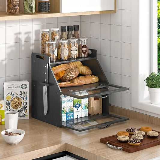 Bread Box, Bread Box for Kitchen Countertop, Large Bread Storage Container for Homemade Bread, Wooden Farmhouse Breadbox Organizers, Double Layer Bread Bin with Acrylic Window Bread Holder,Black