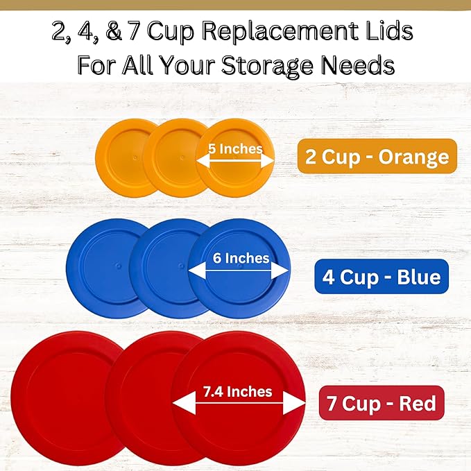 2, 4 & 7 Cup Orange, Blue, Red Replacement Lids/Covers for Pyrex, Anchor Hocking & KlareWare Storage Bowls *Lids Only Glass Container Not Included* (9 Pack *Three of Each Size*)