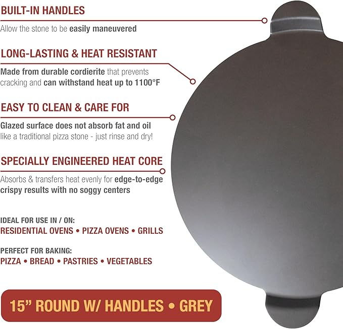 Old Stone Pizza Kitchen Glazed Round Pizza Stone with Handles for Oven and Grill, 15 inch