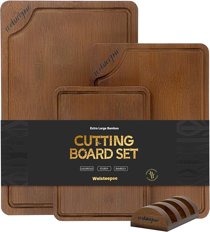Extra Large Bamboo Cutting Board for Kitchen (Set of 3), with Deep Juice Grooves & Built-in Handles, Kitchen Gifts for Meat & Vegetables and Fruits, Durable Wood Cutting Boards with Holder