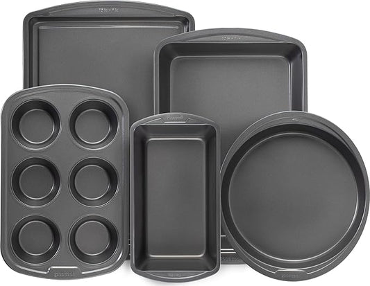 GoodCook Everyday Nonstick Steel 5-Piece Bakeware Set, Gray, Includes Cookie Sheet, Cake Pan, Loaf Pan, Muffin Pan, and Roast Pan, Durable and Scratch-Resistant Baking Set