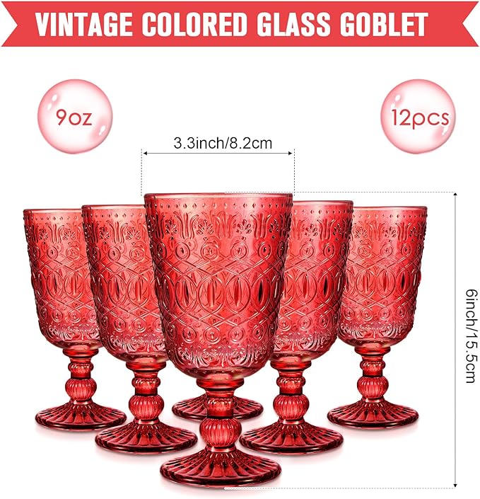 Eaasty Wine Glasses Set of 12 Vintage Goblet 9 oz Vintage Colored Glass Goblet Beverage Stemmed Glass Cups Romantic Embossed Glassware for Wedding Party Holidays Anniversary (Red)