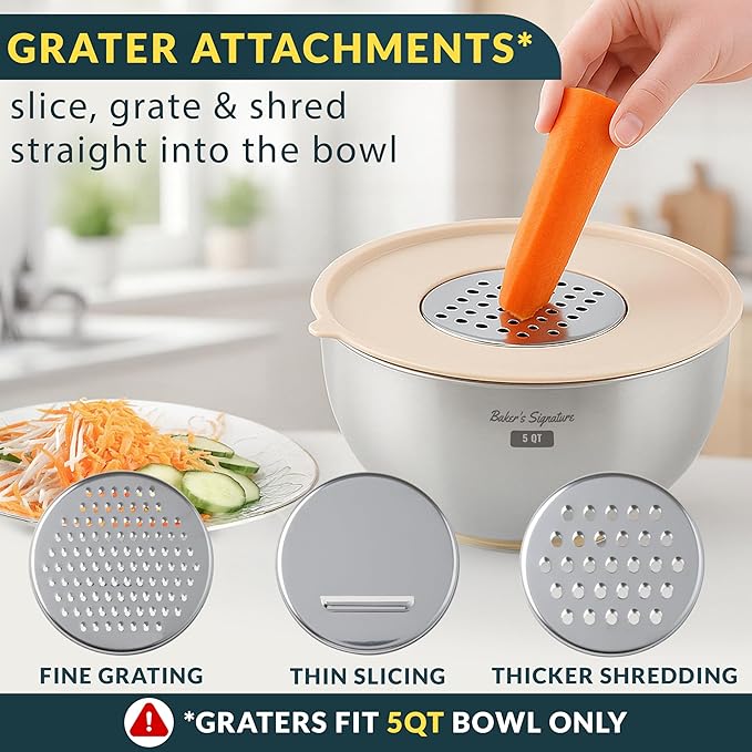 Stainless Steel Mixing Bowls with Lids Set, 5 Sizes, 3 Graters, Non-Slip Base, Airtight Lids, Metal Mixing Bowls for Kitchen, Food Prep, Storage, 0.63QT-5QT, Khaki