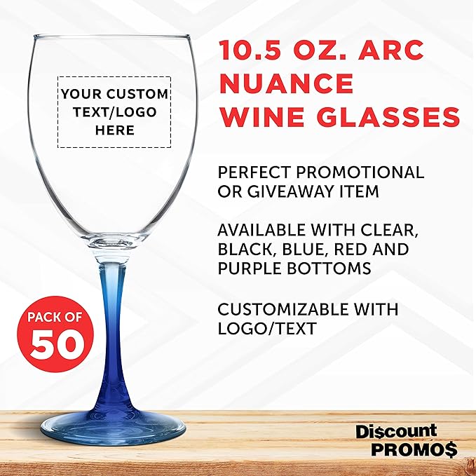 Custom Nuance Wine Glasses by ARC 10.5 oz. Set of 50, Personalized Bulk Pack - Restaurant Glassware, Perfect for Red Wine, White Wine, Cocktails - Blue