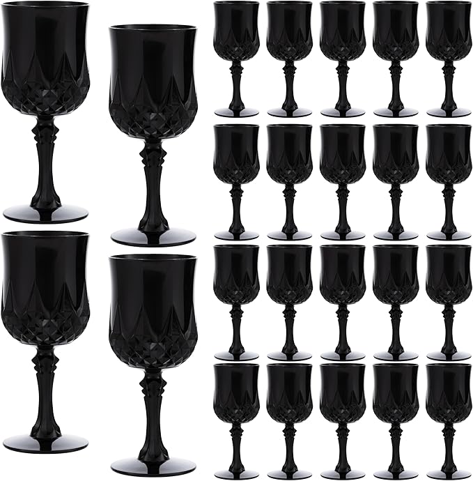 JLYLOL Plastic Vintage Wine Glasses 7OZ Plastic Goblets Vintage Drinking Glasses 24PCS Retro Wedding Glassware Water Goblets Reusable Drinking Cups for Party,Reception,Celebration,Bar,Whiskey(Black)