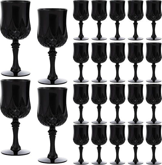 JLYLOL Plastic Vintage Wine Glasses 7OZ Plastic Goblets Vintage Drinking Glasses 24PCS Retro Wedding Glassware Water Goblets Reusable Drinking Cups for Party,Reception,Celebration,Bar,Whiskey(Black)