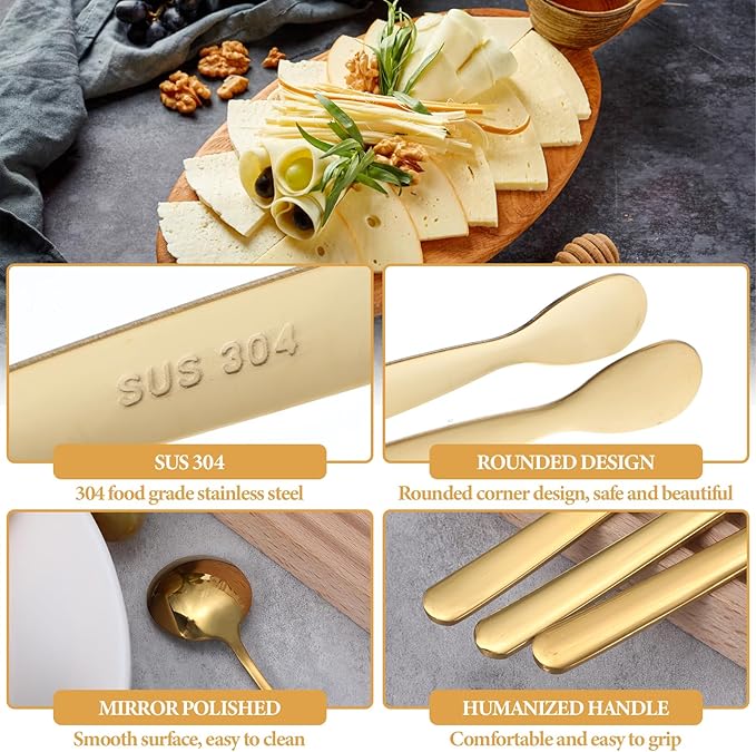 48Pcs Charcuterie Boards Accessories Gold Charcuterie Utensils Butter Spreader Knives Set Stainless Steel Cheese Mini Serving Tongs Spoons Forks Dipping Bowls Toothpick Flags Utensil for Pastry Making