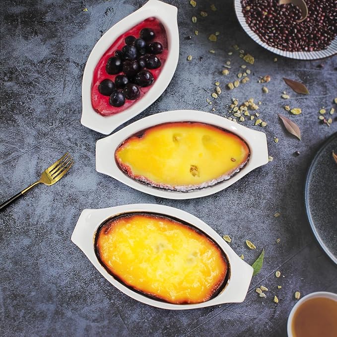 6" x 4" Ceramic Oval Small Au Gratin Baking Dishes 7 oz, Set of 4 Banana Split Bowls, Oven and Microwave Safe, for 1 person servings, Bakeware with Handle(8.3 IN) for Kitchen and Home