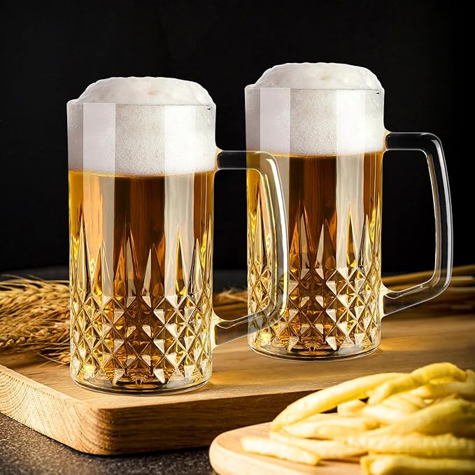 Beer Mug Set of 2, 20oz Crystal Beer Glasses with Handle, Glass Beer Mugs for Freezer, Gifts for Men