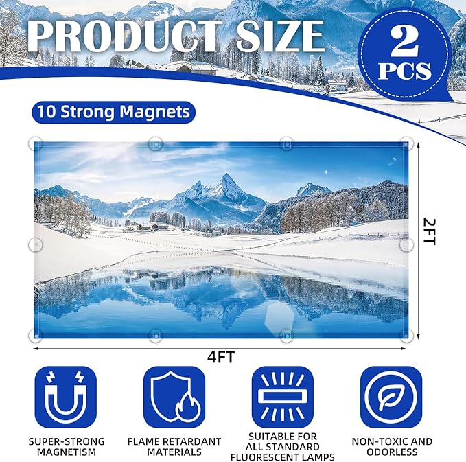 2 Pcs Fluorescent Light Covers - 4 x 2 Feet Covers for Ceiling Lights, Magnetic Light Filters for Classroom, Office, Hospitals, Home (Winter - Snow)