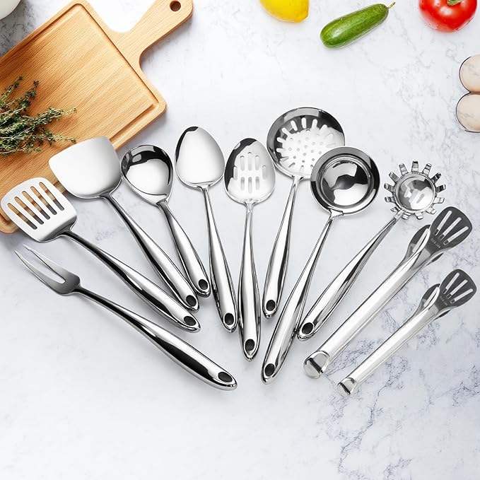 304 Stainless Steel Kitchen Utensils Set, 11 PCS Metal Cooking Utensils Set with Spatula, Spoon, Ladle, Skimmer, Turner, Pasta Server, Tongs