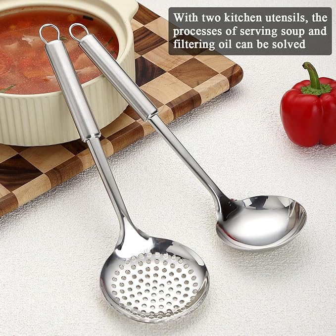 Stainless Steel Cooking Utensils Set 4 Pieces, Kitchen Tools Set Include Metal Spatula Set, Kitchen Skimmer, Soup Ladle, Kitchen Gadgets Essentials New Home Must Have