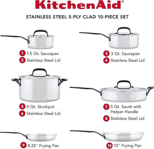 KitchenAid 5-Ply Clad Polished Stainless Steel Cookware Pots and Pans Set, 10 Piece