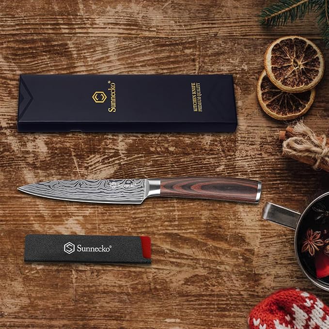 Sunnecko 5 inch Kitchen Utility Knife,Multipurpose Small Kitchen Knife,High Carbon Stainless Steel Paring Knife for Fruit and Vegetable Cutting.