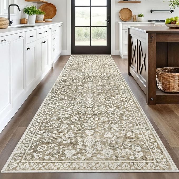 Vintage Runner Rugs for Hallway 3x10, Beige Washable Long Hallway Runner Rug Non Slip, Super Soft Kitchen Runner Rug, Print Faux Wool Floral Thin Carpet Runner for Entryway Bedroom