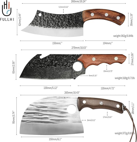 FULLHI Butcher Knife Set with Kitchen Shears, Hand Forged Chef Boning Knife With Scissors High Carbon Steel Carving Fish Chef Knife For Kitchen, Camping, BBQ