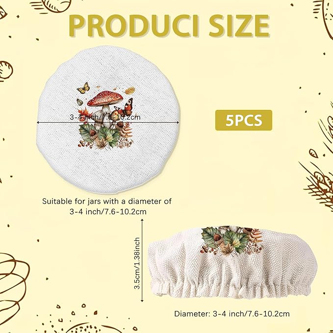 Mushrooms Leaves Herbs Sourdough Jar Cover Reusable Cloth Lid for Sour Dough Starter Jar,5 Pack Bread Fermentation Container Tops Elastic Fabric Caps