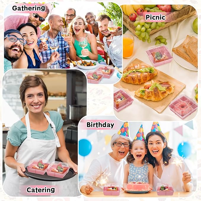 Ctosree 100 Pcs Paper Charcuterie Boxes with Clear Lids 4.5 Inches Disposable Cake Square Dessert Container Bakery Boxes Bundle with Rope for Food Cake Slice Cookie Sandwich Dessert(Pink)