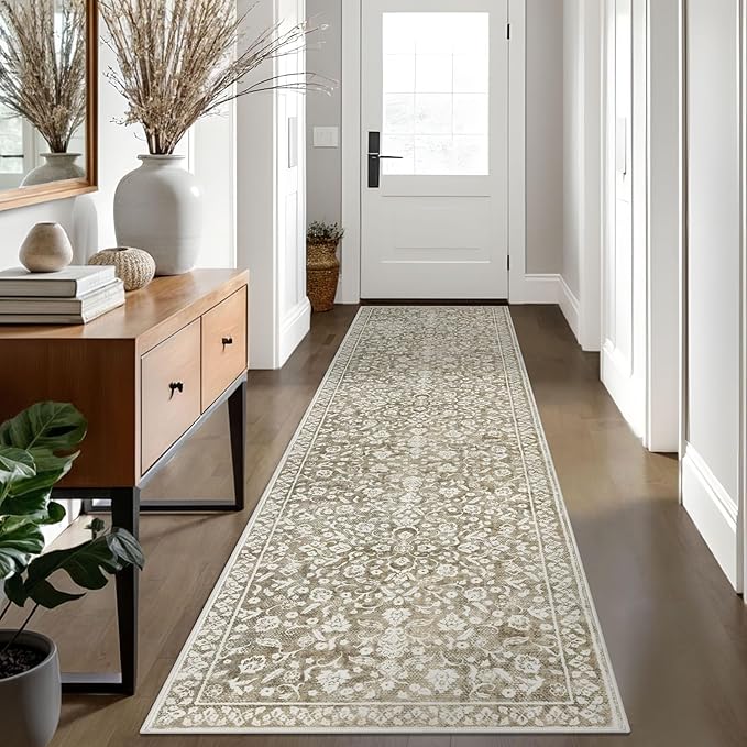 Vintage Runner Rugs for Hallway 3x10, Beige Washable Long Hallway Runner Rug Non Slip, Super Soft Kitchen Runner Rug, Print Faux Wool Floral Thin Carpet Runner for Entryway Bedroom