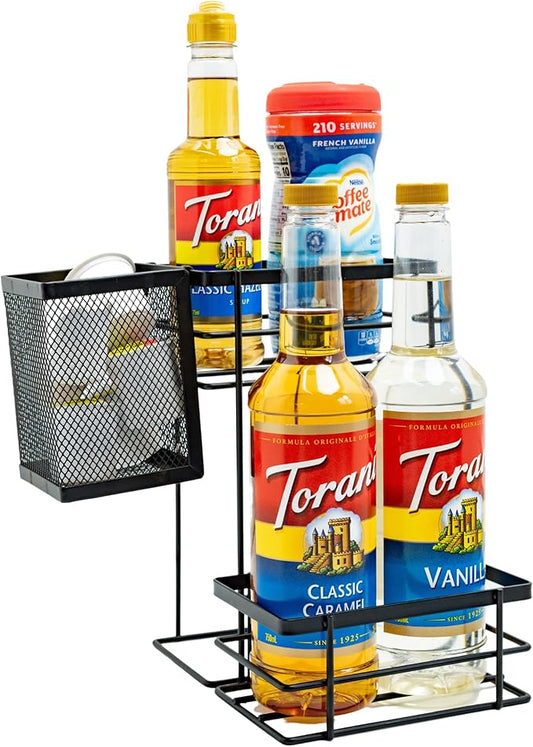 Bella Beau Coffee Syrup Organizer, Coffee Syrup Dispenser, w/Moveable Mesh, Syrup Rack, Tea Station Stand for Countertop, Holds 4 Bottles, Tea Bar Accessories for Countertop