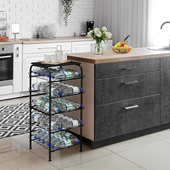 Vrisa 5 Tier Water Bottle Storage Rack Vertical Freestanding Bottled Water Organizer Large Capacity Beverage Drink Soda Can Holder Stand for Kitchen Pantry Home Party Food Storage, Black