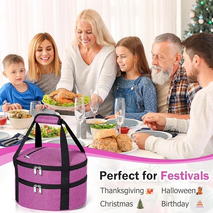 Round Double Insulated Casserole Carrier, Pie Carrier Bag, Portable Casserole Carrier for Hot or Cold Food Lunch Tote, Lunch Bag for Parties Picnic, Fits 12.5" Baking Dish, Rose Red
