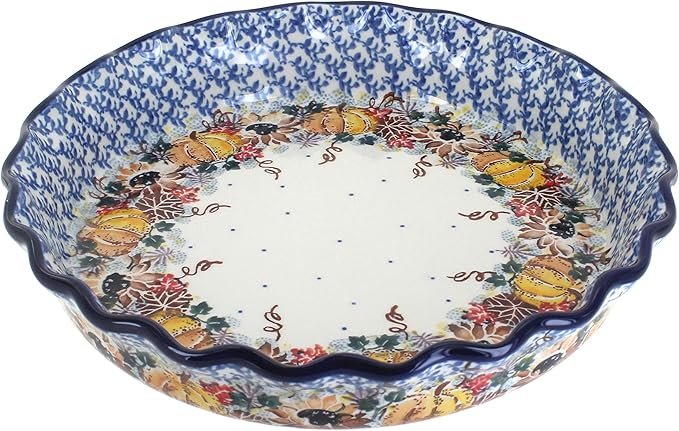 Blue Rose Polish Pottery - Brown Harvest Bounty Pie Plate - 10" Diameter - Ceramic Baking Dish, For Pies, Quiches & Desserts