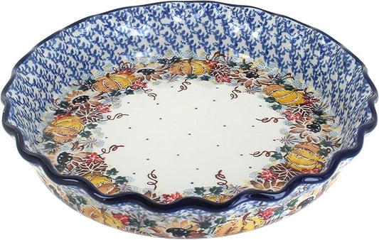 Blue Rose Polish Pottery - Brown Harvest Bounty Pie Plate - 10" Diameter - Ceramic Baking Dish, For Pies, Quiches & Desserts