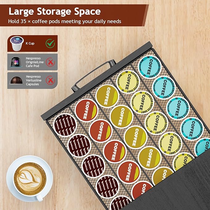 K Cup Holder Drawer - K Cup Storage Organizer, Coffee Pod Drawer with Hooks, Durable Iron-Wood Design, Space-Saving Coffee Station Organizer for Kitchen Counter