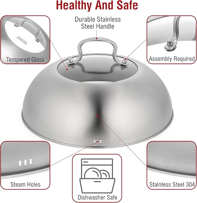 YOSUKATA Wok Lid 11.4 In - Premium Stainless Wok Cover with Tempered Glass Insert Steam Holes and Ergonomic Handle - Durable Wok Accessories - Dishwasher-Safe Lid for 11.8-In Wok - Chees Melting Dome