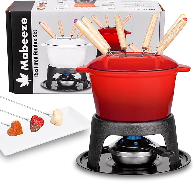 Mabeeze Cast Iron Fondue Pot Set for Cheese, Chocolate or Meat - Red Enameled 1.6 Qt Pot - Includes 6 Fondue Forks