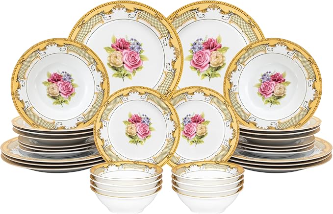 32 Piece Dinnerware Sets for 8 – Vintage Porcelain Plates, Bowls – White and Gold Rose Floral Design Dishware for Kitchen Table, Everyday Dining or Formal Use (Roses Gold)
