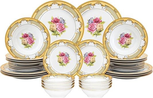 32 Piece Dinnerware Sets for 8 – Vintage Porcelain Plates, Bowls – White and Gold Rose Floral Design Dishware for Kitchen Table, Everyday Dining or Formal Use (Roses Gold)