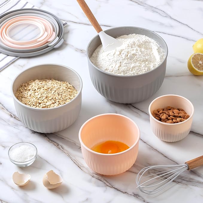 COOK WITH COLOR Prep Bowls with Lids- Wide and Deep Nesting Plastic Small Mixing Bowl Set with Lids, 8 Piece Set - Deep Bowls, Grey/Pink