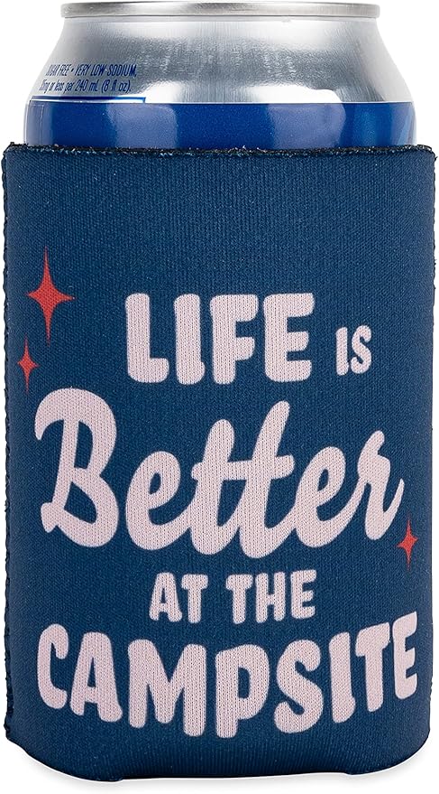 Camco Life is Better at The Campsite Can Holder | Keeps Your Beverage Cold | Fits 12 oz. Cans | Features a Blue Life is Better at The Campsite Retro Theme (53478)