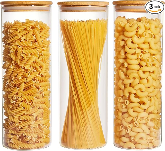 Vtopmart 70oz Glass Food Storage Jars, 3 Pack Large Kitchen Containers with Airtight Bamboo Lids for Pasta, Nuts, Flour, Canisters Set for Cereal, Pantry Organization, BPA Free