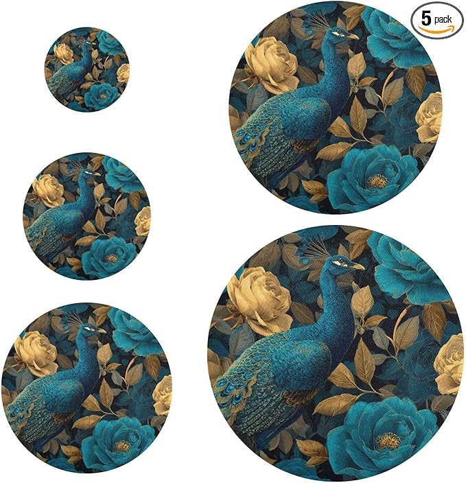 5 Pcs Bowl Covers Reusable in 5 Size Elastic Food Cover Cloth Lids Fresh Keeping Dish Cookware Bakeware Fabric Covers Lids for Food Leftovers Fruits Storage Peacock and Teal Gold Roses
