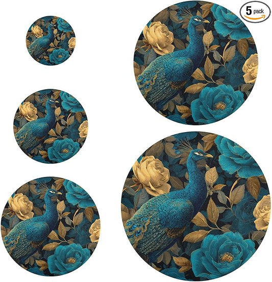5 Pcs Bowl Covers Reusable in 5 Size Elastic Food Cover Cloth Lids Fresh Keeping Dish Cookware Bakeware Fabric Covers Lids for Food Leftovers Fruits Storage Peacock and Teal Gold Roses