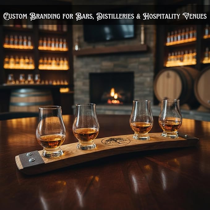 Personalized Premium 4 glass whiskey flight/engraved center/personalized gift/Crystal glass option/Natural oak color (Circle Split letter Monogram)