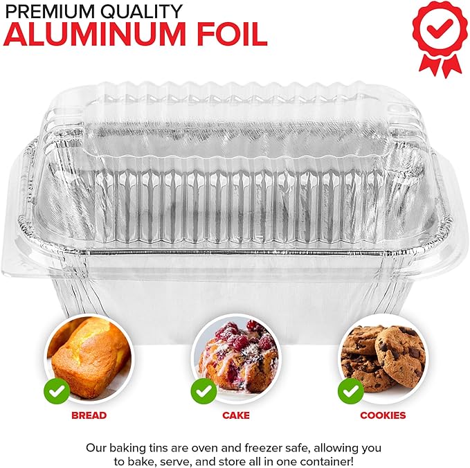 Stock Your Home Disposable Aluminum Mini Loaf Pans with Lids, 1 lb (30 Pack) New & Improved Plastic Dome Lid Foil Baking Tins, Tin Pans for Cake, Bread, Holiday Baked Goods Packaging