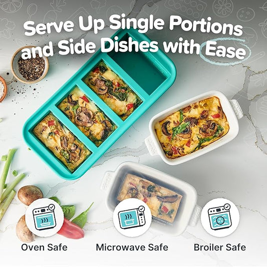 Souper Cubes Stoneware - Small Ceramic 5" x 3" Baking Dish with Silicone Covers, Small Baking Dishes for Oven Perfect for Reheating Single Serve Portions, Set of 4 - White