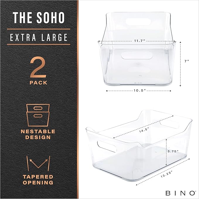BINO | Plastic Storage Bins, X-Large - 2 Pack, Clear | THE SOHO COLLECTION | Pantry Organizers and Storage Containers Fridge Organizer Bins Kitchen Cabinet Organizer Medicine Cabinet Organizer Bin