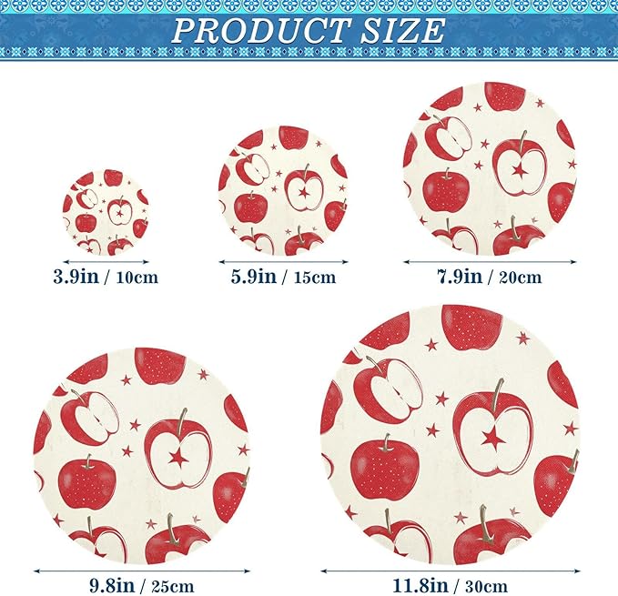 5 Pcs Bowl Covers Reusable in 5 Size Elastic Food Cover Cloth Lids Fresh Keeping Dish Cookware Bakeware Fabric Covers Lids for Food Leftovers Fruits Storage Red Apple Stars