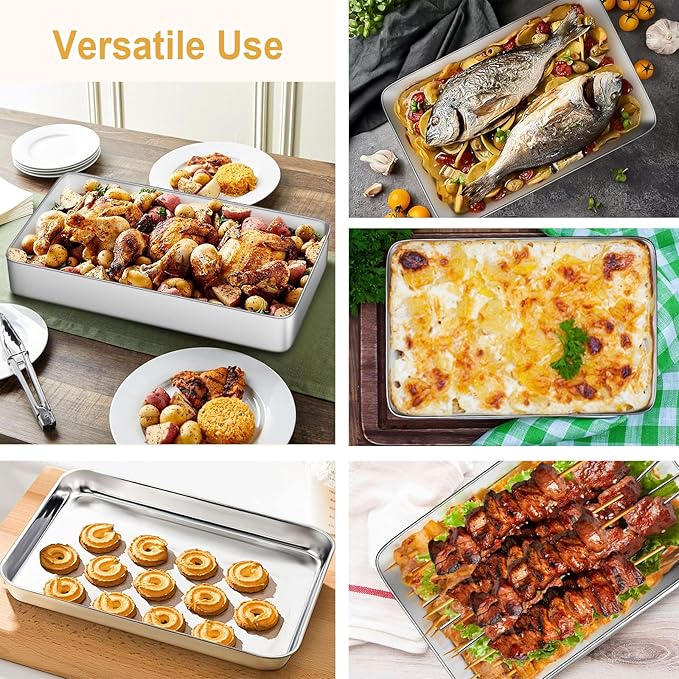 Stainless Steel Cake Pan with Lid, Set of 3 Large Baking Pan, 17/13/11 Inch Baking Sheet Lasagna Pan, Cake Pans with Cover, Rectangle Sheet Roasting Pan, Dishwasher Safe