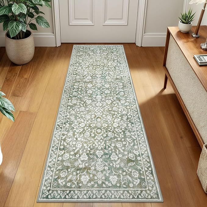 Vintage 2x7 Runner Rug, Sage Green Beige Washable Runners for hallways, Super Soft Kitchen Runner Rug Non Slip, Print Faux Wool Floral Thin Carpet Runner for Entryway Indoor Bedside Runner