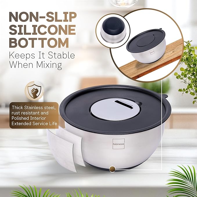 Stainless Steel Mixing Bowls Set of 5, Large Nesting Bowls with Airtight Lids for Food Prep, Cooking, Baking, Salad, and Outdoor Dining (Black, 5 Pcs)