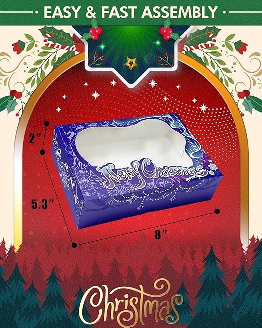 qiqee Christmas Blue Purple Cookie Boxes for Gift Giving 8x5.3x2 inch 24Packs Christmas Bakery Box with Window Treat Box for Donuts Candies and Biscuit
